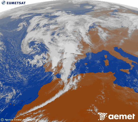 Imatge de la zona d'Europa i Nord d'frica del canal infraroig del satllit Meteosat operacional en 0N 0W, processada per a donar-li color. dimecres, 5 de novembre  2025 15:00