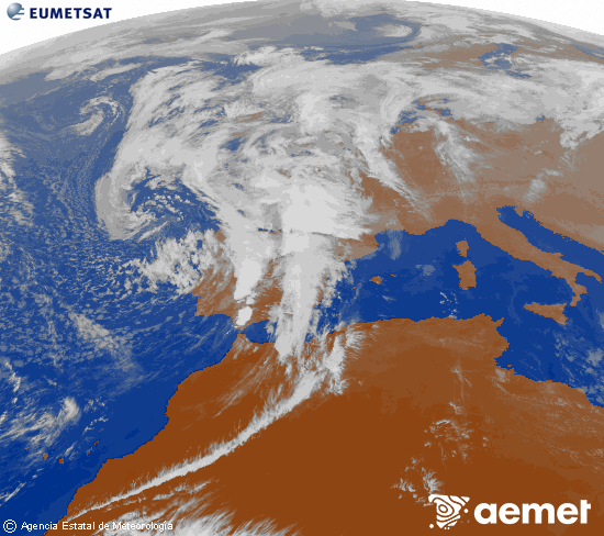 Imatge de la zona d'Europa i Nord d'frica del canal infraroig del satllit Meteosat operacional en 0N 0W, processada per a donar-li color. dimecres, 5 de novembre  2025 16:00