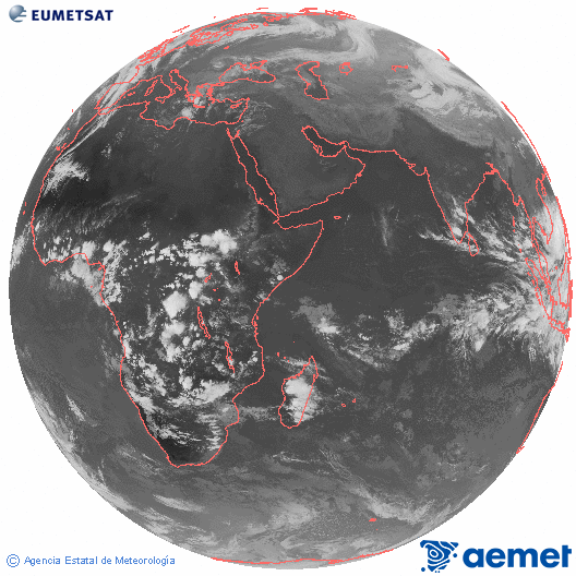 Ocano ndico. Imagen global del canal infrarrojo (10.8μm) de Meteosat, perteneciente a la serie MSG (Meteosat Segunda Generacin) y situado en 41.5° E. mircoles, 05 noviembre 2025 a las 16:00