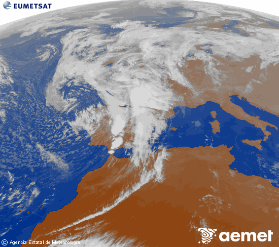 Imatge de la zona d'Europa i Nord d'frica del canal infraroig del satllit Meteosat operacional en 0N 0W, processada per a donar-li color. dimecres, 5 de novembre  2025 17:00