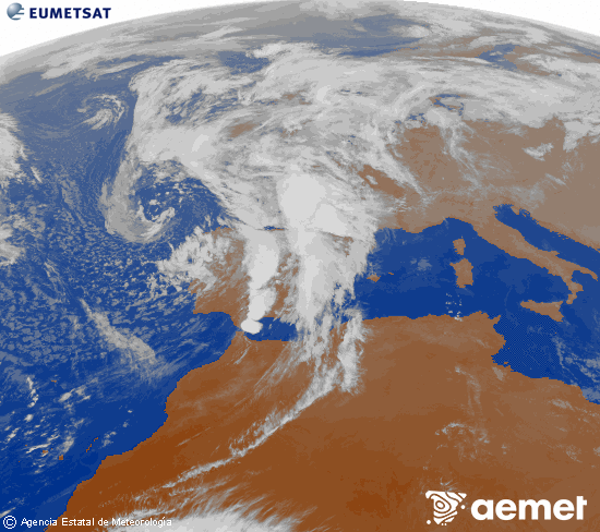 Imatge de la zona d'Europa i Nord d'frica del canal infraroig del satllit Meteosat operacional en 0N 0W, processada per a donar-li color. dimecres, 5 de novembre  2025 18:00