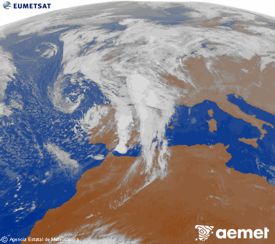Imatge de la zona d'Europa i Nord d'frica del canal infraroig del satllit Meteosat operacional en 0N 0W, processada per a donar-li color. dimecres, 5 de novembre  2025 19:00