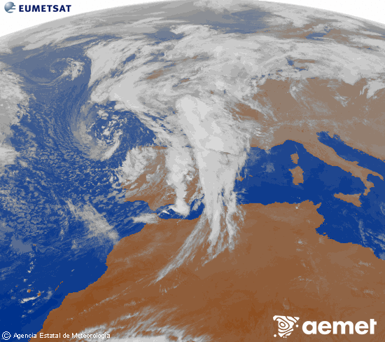 Imatge de la zona d'Europa i Nord d'frica del canal infraroig del satllit Meteosat operacional en 0N 0W, processada per a donar-li color. dimecres, 5 de novembre  2025 20:00