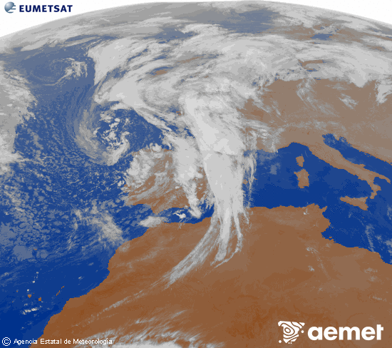 Imatge de la zona d'Europa i Nord d'frica del canal infraroig del satllit Meteosat operacional en 0N 0W, processada per a donar-li color. dimecres, 5 de novembre  2025 21:00