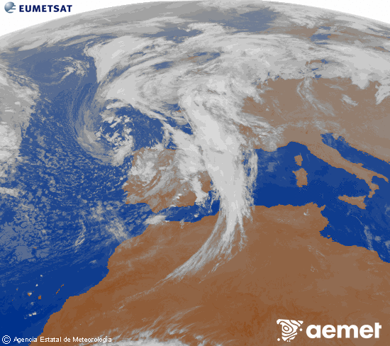 Imatge de la zona d'Europa i Nord d'frica del canal infraroig del satllit Meteosat operacional en 0N 0W, processada per a donar-li color. dimecres, 5 de novembre  2025 22:00