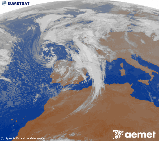 Imatge de la zona d'Europa i Nord d'frica del canal infraroig del satllit Meteosat operacional en 0N 0W, processada per a donar-li color. dimecres, 5 de novembre  2025 23:00