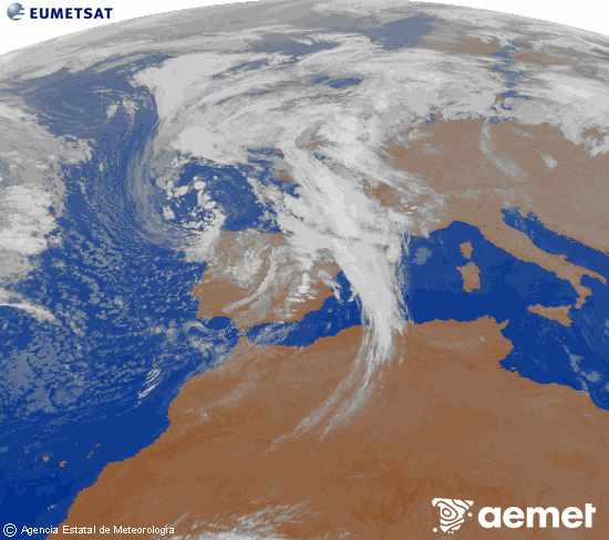 Imatge de la zona d'Europa i Nord d'frica del canal infraroig del satllit Meteosat operacional en 0N 0W, processada per a donar-li color. dijous, 6 de novembre  2025 00:00