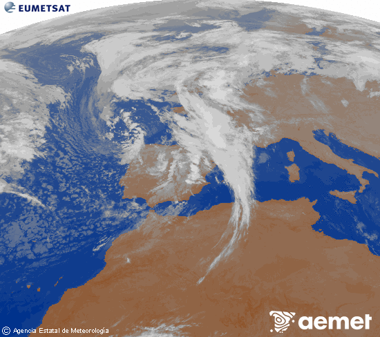 Imatge de la zona d'Europa i Nord d'frica del canal infraroig del satllit Meteosat operacional en 0N 0W, processada per a donar-li color. dijous, 6 de novembre  2025 01:00