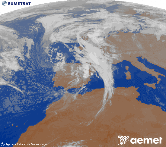 Imatge de la zona d'Europa i Nord d'frica del canal infraroig del satllit Meteosat operacional en 0N 0W, processada per a donar-li color. dijous, 6 de novembre  2025 02:00