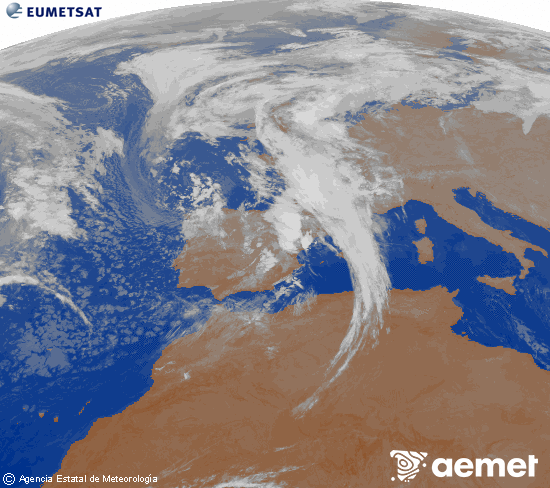 Imatge de la zona d'Europa i Nord d'frica del canal infraroig del satllit Meteosat operacional en 0N 0W, processada per a donar-li color. dijous, 6 de novembre  2025 03:00