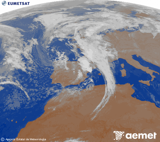 Imagen de la zona de Europa y Norte de frica del canal infrarrojo del satlite Meteosat operacional en 0N 0W, procesada para darle color. dijous, 6 de novembre  2025 04:00