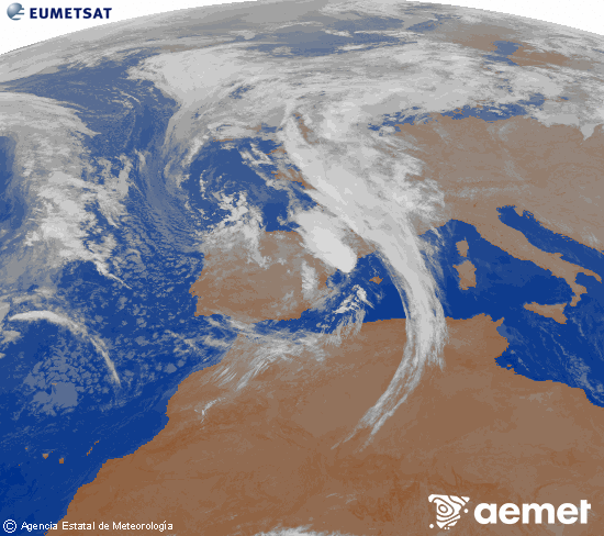 Imagen de la zona de Europa y Norte de frica del canal infrarrojo del satlite Meteosat operacional en 0N 0W, procesada para darle color. dijous, 6 de novembre  2025 05:00