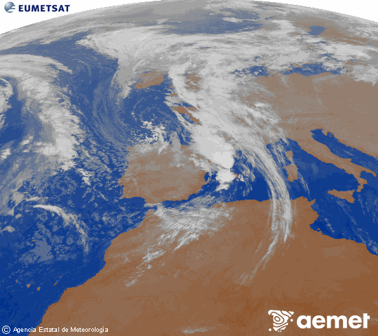 Imagen de la zona de Europa y Norte de frica del canal infrarrojo del satlite Meteosat operacional en 0N 0W, procesada para darle color. dijous, 6 de novembre  2025 08:00