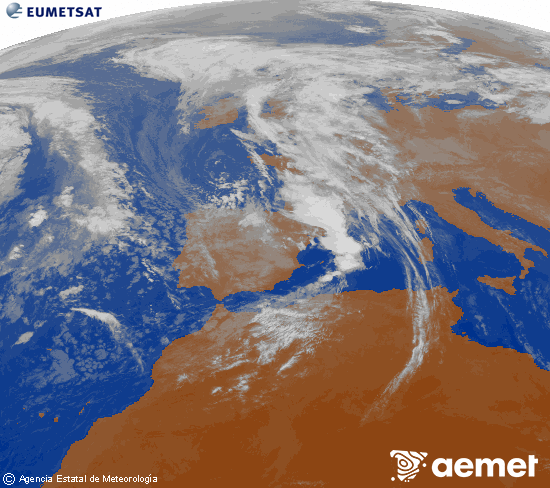 Imatge de la zona d'Europa i Nord d'frica del canal infraroig del satllit Meteosat operacional en 0N 0W, processada per a donar-li color. dijous, 6 de novembre  2025 10:00