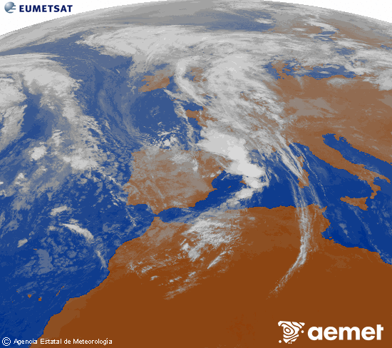 Imatge de la zona d'Europa i Nord d'frica del canal infraroig del satllit Meteosat operacional en 0N 0W, processada per a donar-li color. dijous, 6 de novembre  2025 11:00
