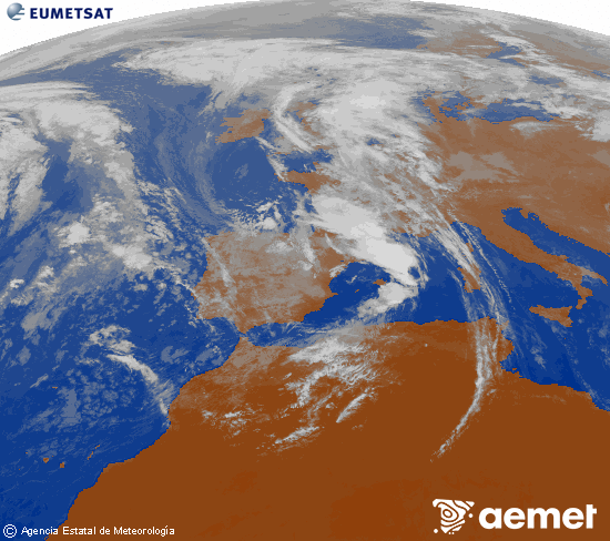 Imatge de la zona d'Europa i Nord d'frica del canal infraroig del satllit Meteosat operacional en 0N 0W, processada per a donar-li color. dijous, 6 de novembre  2025 12:00