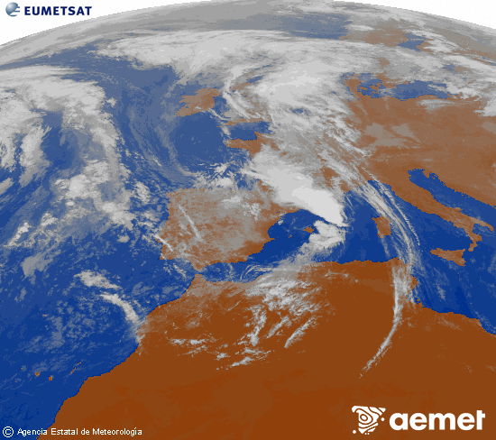 Imatge de la zona d'Europa i Nord d'frica del canal infraroig del satllit Meteosat operacional en 0N 0W, processada per a donar-li color. dijous, 6 de novembre  2025 13:00