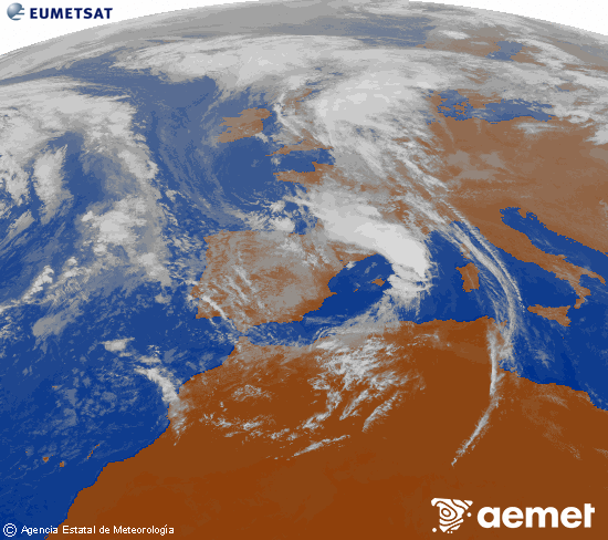 Imatge de la zona d'Europa i Nord d'frica del canal infraroig del satllit Meteosat operacional en 0N 0W, processada per a donar-li color. dijous, 6 de novembre  2025 14:00