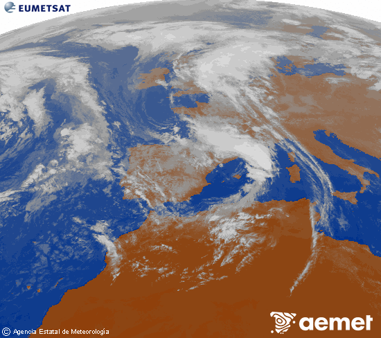 Imatge de la zona d'Europa i Nord d'frica del canal infraroig del satllit Meteosat operacional en 0N 0W, processada per a donar-li color. dijous, 6 de novembre  2025 15:00