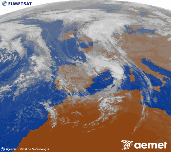 Imatge de la zona d'Europa i Nord d'frica del canal infraroig del satllit Meteosat operacional en 0N 0W, processada per a donar-li color. dijous, 6 de novembre  2025 16:00