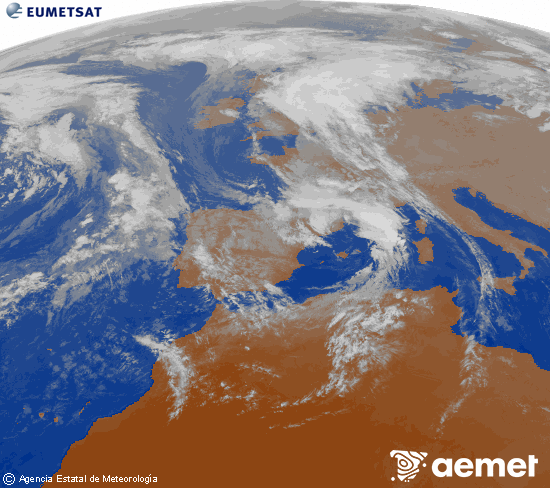 Imatge de la zona d'Europa i Nord d'frica del canal infraroig del satllit Meteosat operacional en 0N 0W, processada per a donar-li color. dijous, 6 de novembre  2025 17:00