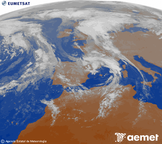 Imatge de la zona d'Europa i Nord d'frica del canal infraroig del satllit Meteosat operacional en 0N 0W, processada per a donar-li color. dijous, 6 de novembre  2025 18:00