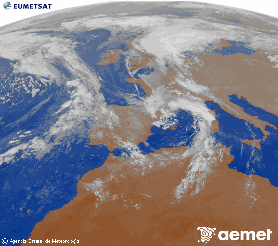 Imatge de la zona d'Europa i Nord d'frica del canal infraroig del satllit Meteosat operacional en 0N 0W, processada per a donar-li color. dijous, 6 de novembre  2025 20:00