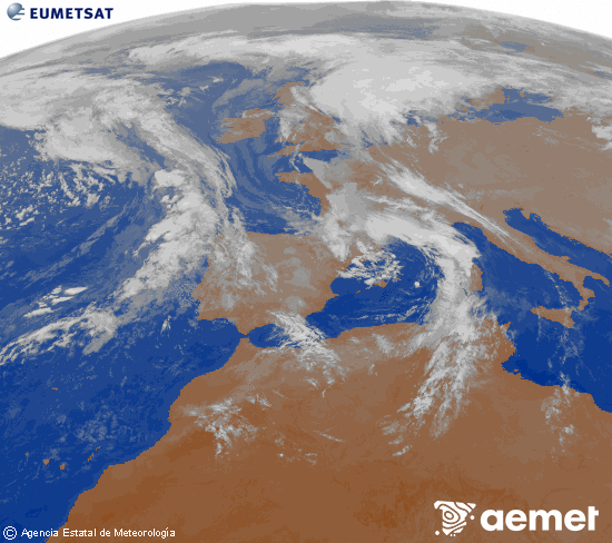 Imatge de la zona d'Europa i Nord d'frica del canal infraroig del satllit Meteosat operacional en 0N 0W, processada per a donar-li color. dijous, 6 de novembre  2025 21:00