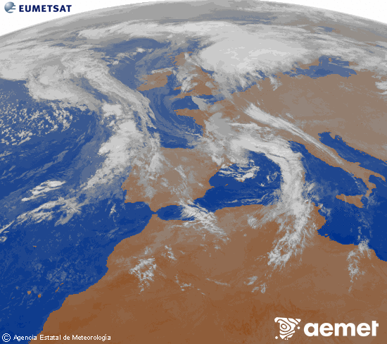 Imatge de la zona d'Europa i Nord d'frica del canal infraroig del satllit Meteosat operacional en 0N 0W, processada per a donar-li color. dijous, 6 de novembre  2025 22:00