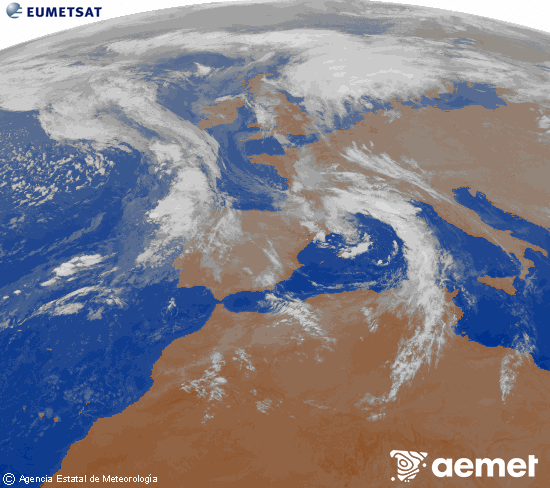 Imatge de la zona d'Europa i Nord d'frica del canal infraroig del satllit Meteosat operacional en 0N 0W, processada per a donar-li color. dijous, 6 de novembre  2025 23:00
