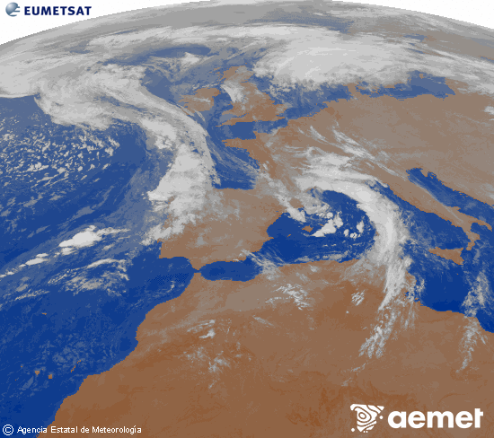 Imatge de la zona d'Europa i Nord d'frica del canal infraroig del satllit Meteosat operacional en 0N 0W, processada per a donar-li color. divendres, 7 de novembre  2025 01:00