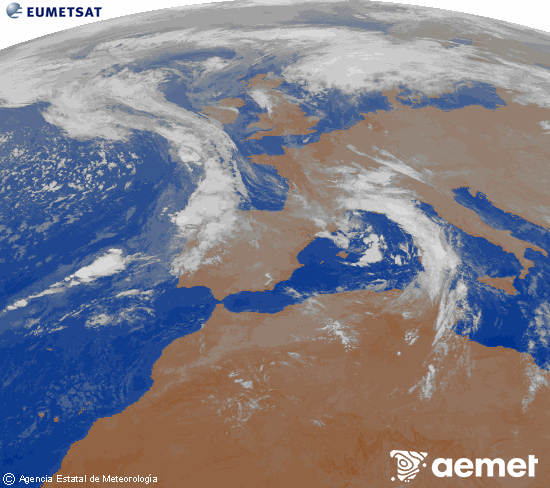 Imatge de la zona d'Europa i Nord d'frica del canal infraroig del satllit Meteosat operacional en 0N 0W, processada per a donar-li color. divendres, 7 de novembre  2025 02:00