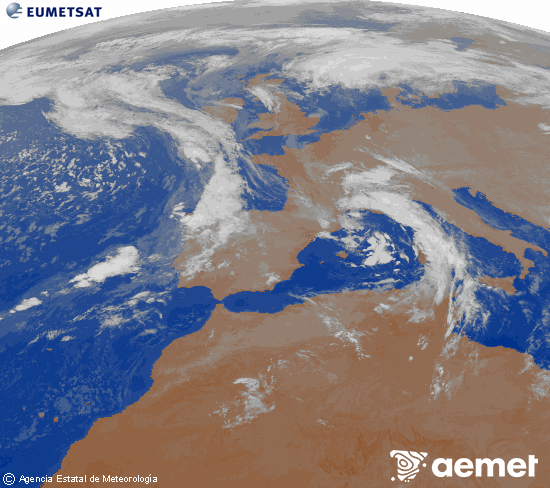 Imaxe da zona de Europa e Norte de frica da canle infravermella do satlite Meteosat operacional en 0N 0W, procesada para darlle cor. venres, 7 novembro  2025 03:00
