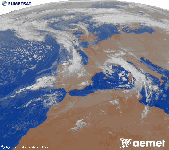 Imaxe da zona de Europa e Norte de frica da canle infravermella do satlite Meteosat operacional en 0N 0W, procesada para darlle cor. venres, 7 novembro  2025 06:00