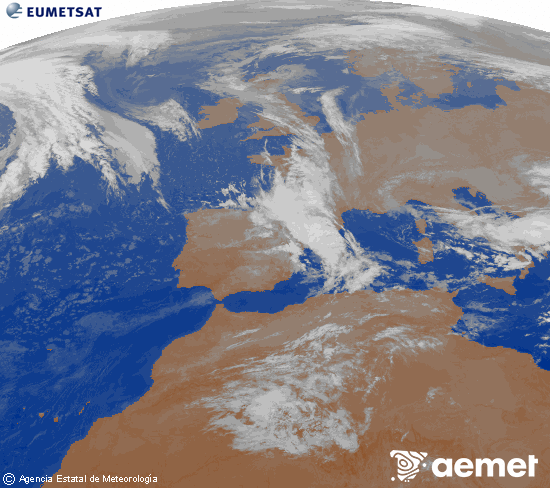 Imagen de la zona de Europa y Norte de frica del canal infrarrojo del satlite Meteosat operacional en 0N 0W, procesada para darle color. samedi, 8 novembre  2025 02:00