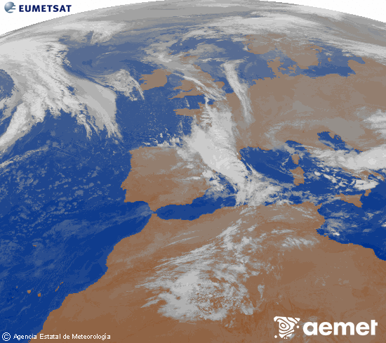 Imagen de la zona de Europa y Norte de frica del canal infrarrojo del satlite Meteosat operacional en 0N 0W, procesada para darle color. samedi, 8 novembre  2025 03:00