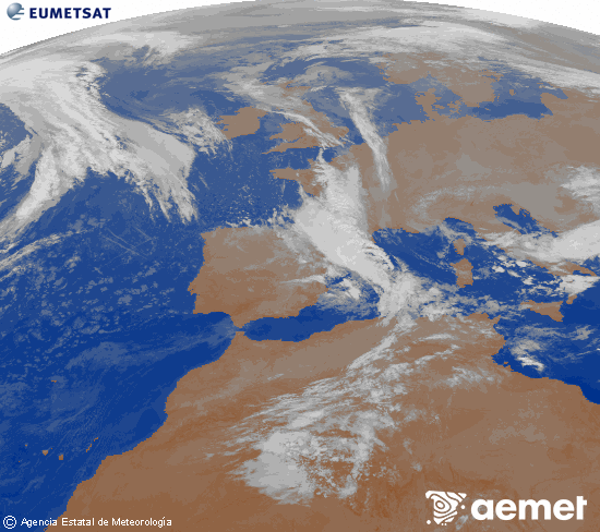 Imagen de la zona de Europa y Norte de frica del canal infrarrojo del satlite Meteosat operacional en 0N 0W, procesada para darle color. samedi, 8 novembre  2025 04:00