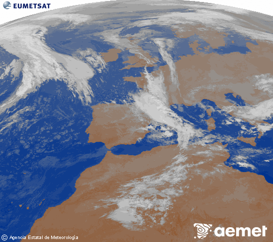 Imagen de la zona de Europa y Norte de frica del canal infrarrojo del satlite Meteosat operacional en 0N 0W, procesada para darle color. samedi, 8 novembre  2025 05:00