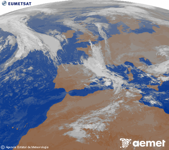 Imagen de la zona de Europa y Norte de frica del canal infrarrojo del satlite Meteosat operacional en 0N 0W, procesada para darle color. samedi, 8 novembre  2025 06:00
