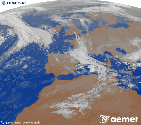 Imagen de la zona de Europa y Norte de frica del canal infrarrojo del satlite Meteosat operacional en 0N 0W, procesada para darle color. samedi, 8 novembre  2025 07:00