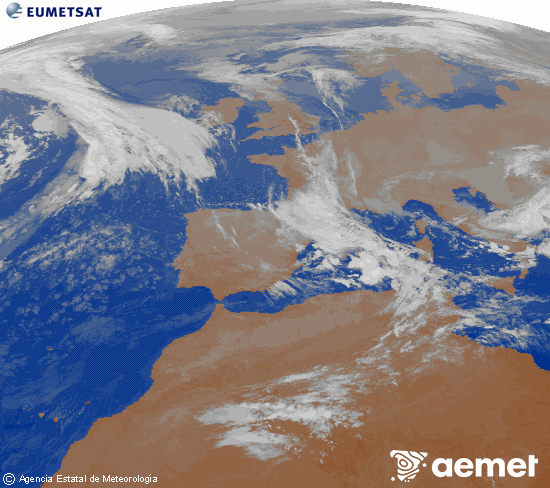 Imagen de la zona de Europa y Norte de frica del canal infrarrojo del satlite Meteosat operacional en 0N 0W, procesada para darle color. samedi, 8 novembre  2025 08:00