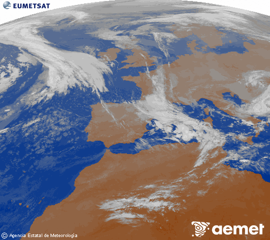 Imagen de la zona de Europa y Norte de frica del canal infrarrojo del satlite Meteosat operacional en 0N 0W, procesada para darle color. samedi, 8 novembre  2025 09:00