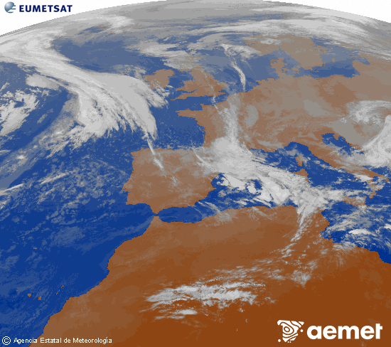 Imagen de la zona de Europa y Norte de frica del canal infrarrojo del satlite Meteosat operacional en 0N 0W, procesada para darle color. samedi, 8 novembre  2025 10:00