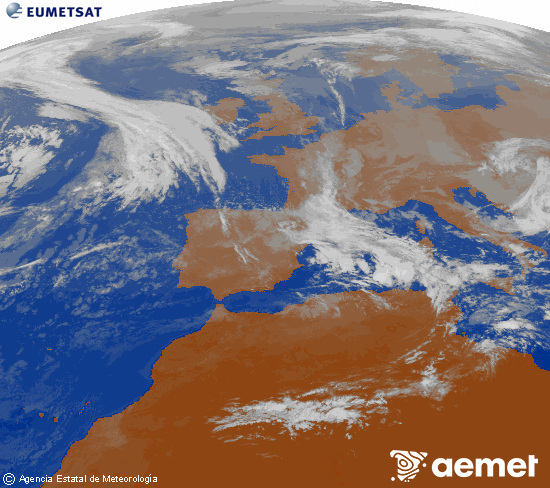Imagen de la zona de Europa y Norte de frica del canal infrarrojo del satlite Meteosat operacional en 0N 0W, procesada para darle color. samedi, 8 novembre  2025 11:00
