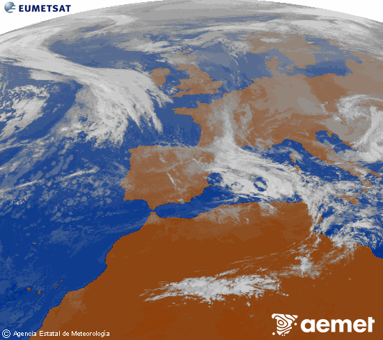 Imagen de la zona de Europa y Norte de frica del canal infrarrojo del satlite Meteosat operacional en 0N 0W, procesada para darle color. samedi, 8 novembre  2025 12:00