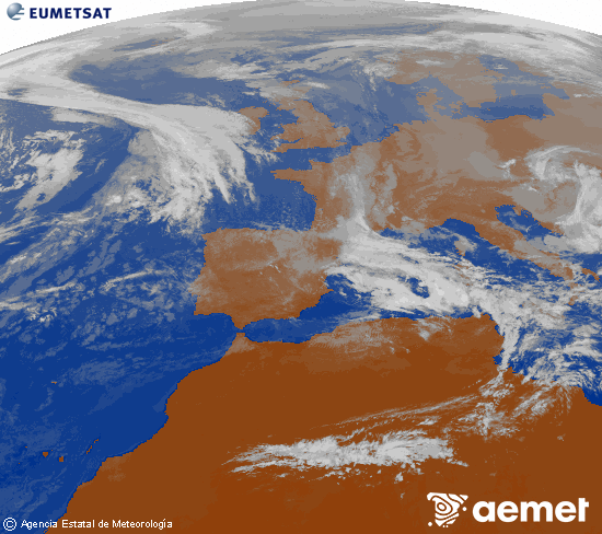 Imaxe da zona de Europa e Norte de frica da canle infravermella do satlite Meteosat operacional en 0N 0W, procesada para darlle cor. sbado , 8 novembro  2025 13:00