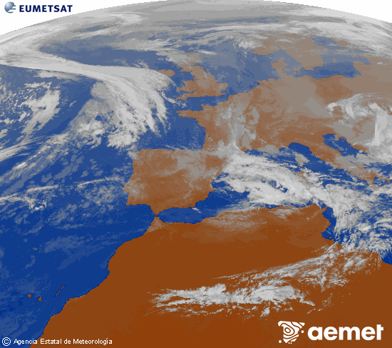 Imagen de la zona de Europa y Norte de frica del canal infrarrojo del satlite Meteosat operacional en 0N 0W, procesada para darle color. samedi, 8 novembre  2025 14:00