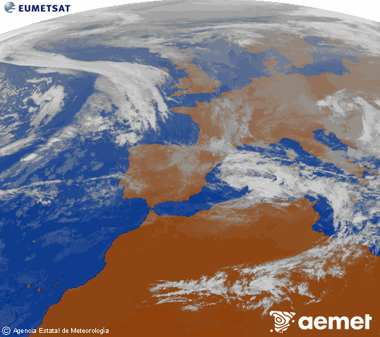 Imagen de la zona de Europa y Norte de frica del canal infrarrojo del satlite Meteosat operacional en 0N 0W, procesada para darle color. samedi, 8 novembre  2025 15:00