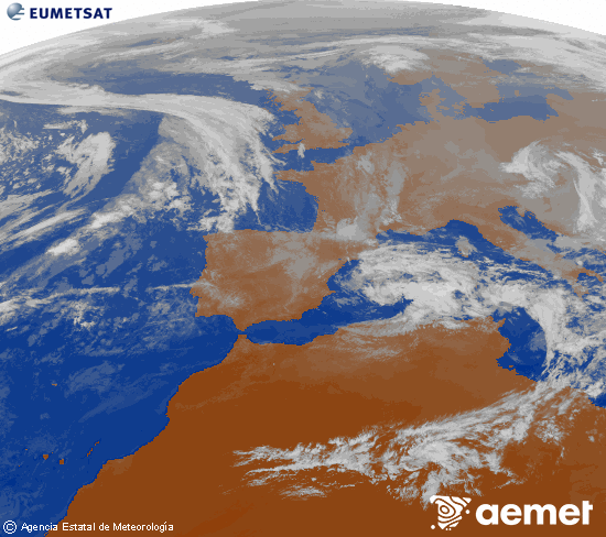 Imagen de la zona de Europa y Norte de frica del canal infrarrojo del satlite Meteosat operacional en 0N 0W, procesada para darle color. samedi, 8 novembre  2025 16:00
