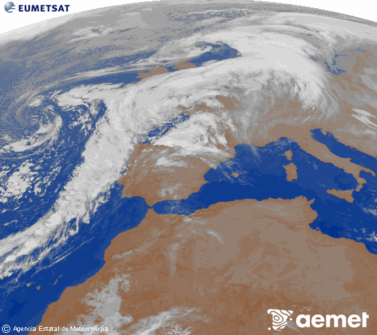 Imagen de la zona de Europa y Norte de frica del canal infrarrojo del satlite Meteosat operacional en 0N 0W, procesada para darle color. Wednesday, 12 November  2025 07:00